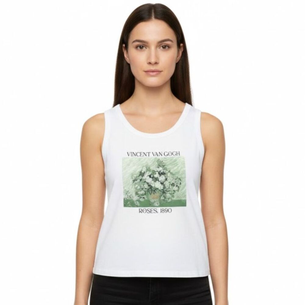 Homegirl Society Vincent Van Gogh Roses Tank Top Womens Small White Art Flowers